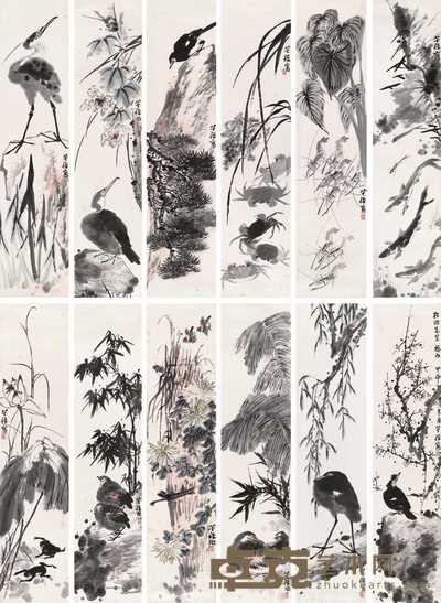 李苦禅 1944年作 花鸟水族图（十二幅） 镜心 142×32.5cm×12